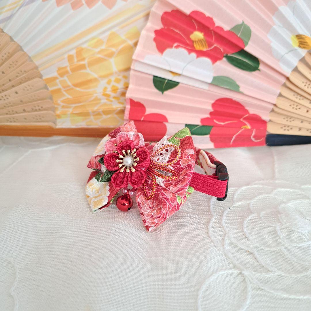 つまみ細工ダブルリボン(赤①)わんちゃん猫ちゃん用首輪